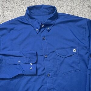 Huk Performance Fishing Shirt Men Size Large Blue Long Sleeve Button Up Vented